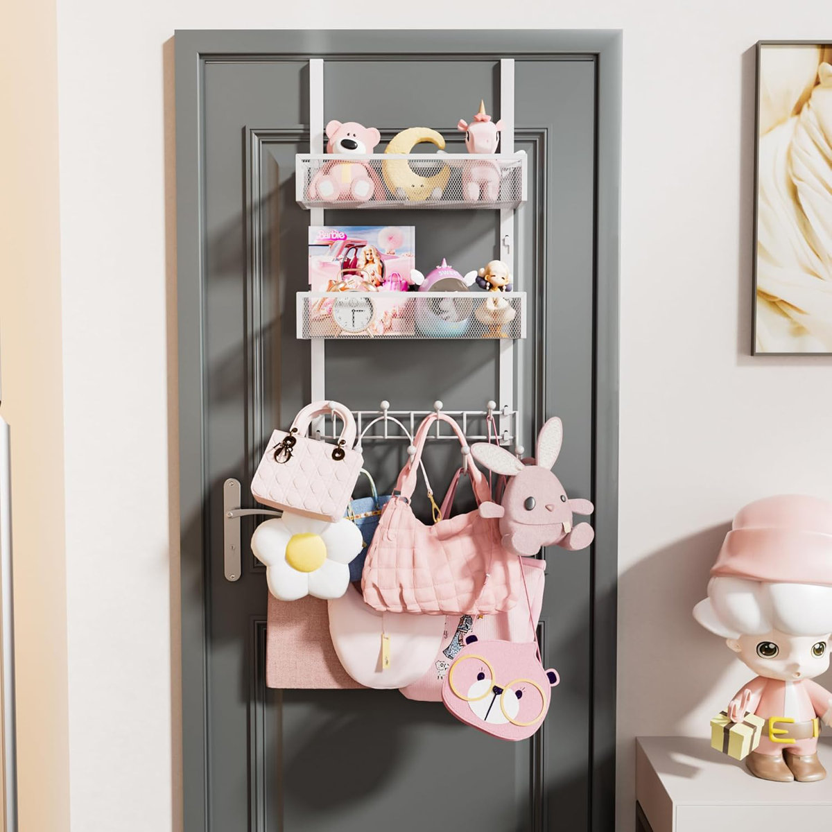 Over The Door Organizer With 9 Hooks And 2 Storage Baskets, Rustproof Stainless Steel Door Hanger For Bathroom, Kitchen, Bedroom, And Living Room